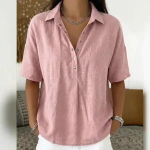 Women's Casual Ramie Solid Color Short Sleeve Blouse Loose Turn-Down Collar Button-Front Summer Shirt Top