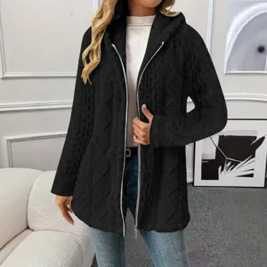 Damen lange schwarze Fleece Kapuzenjacke, kuschelige Plüsch Reißverschluss Oberbekleidung.
