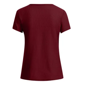 Back view detail of a solid wine red waffle knit short sleeve casual top for women.