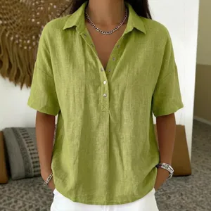 Women's loose casual lapel short sleeve solid color linen shirt for summer daily wear.