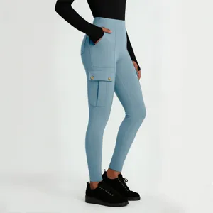 Women high waist cargo yoga pants light blue slim fit athletic leggings with side pockets
