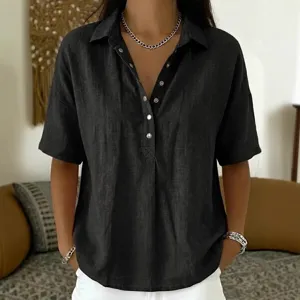 Womens casual loose solid color lapel short sleeve button up summer top shirt