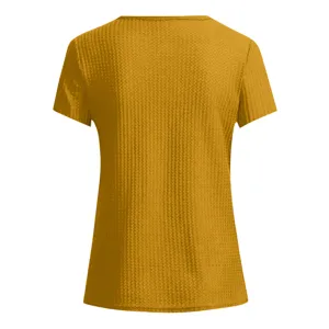 Plus size women solid mustard yellow waffle knit short sleeve loose casual summer top.