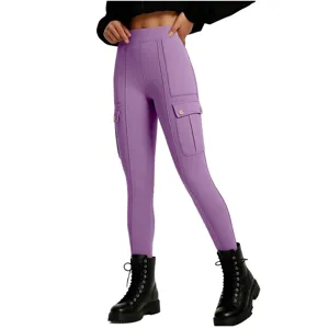 Close-up of purple high waist cargo leggings with side pockets and button details.