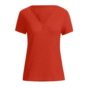 Casual waffle knit V-neck short sleeve top for women, comfortable summer basic tee.