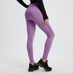 Women high waist cargo yoga leggings purple butt lifting gym fitness tight workout pants