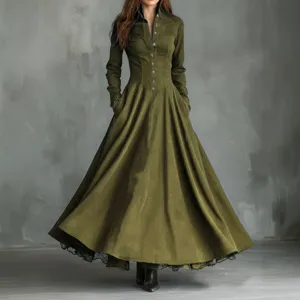 Vintage faux suede long dress for women, elegant button up long sleeve maxi shirt dress.