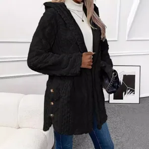 Women casual solid color hooded cardigan long sleeve button up outerwear winter fashion top
