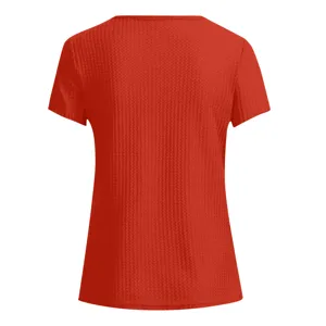 Red waffle knit short sleeve t-shirt back detail showing textured fabric and casual style