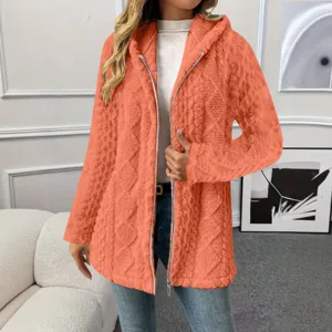 Damen lange Fleece Kapuzenjacke mit Reißverschluss und Taschen, kuschelige warme Winteroberbekleidung.