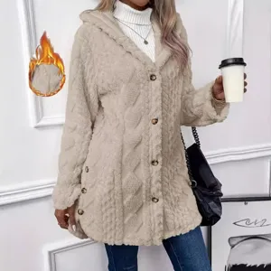 Women solid color fleece hooded cardigan long sleeve button up casual outerwear winter coat