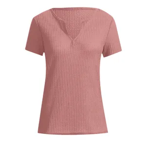 Waffle knit V-neck short sleeve top casual loose basic tee shirt for women apparel detail