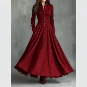 Vintage long-sleeve burgundy faux suede maxi shirt dress featuring elegant lace hem.