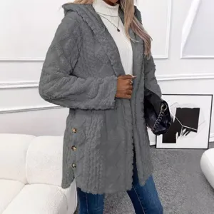 Women's Winter Hooded Solid Color Cardigan Long Sleeve Button Casual Fuzzy Outerwear