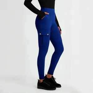 High waist royal blue cargo leggings for women with pockets and buttons for activewear.