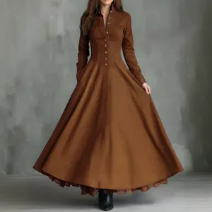 Elegant vintage faux suede long sleeve shirt maxi dress with a beautiful lace hem