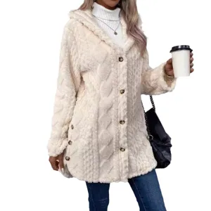Women Autumn Winter Fleece Hooded Cardigan Casual Long Sleeve Button Down Outwear