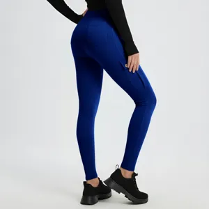 Women high waist yoga leggings with side cargo pockets, breathable slim fit stretch fitness pants.