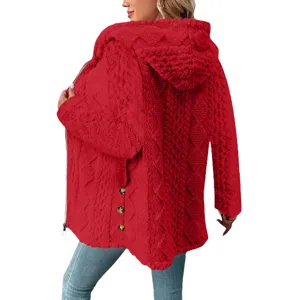 Roter Fleece Kapuzenmantel langer Reißverschluss Cardigan Damen Winter warme Kleidung Mode