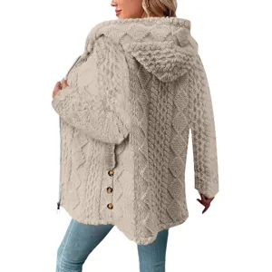 Damen lange Plüsch Kapuze Cardigan Jacke mit Reißverschluss und Knöpfen Winter Oberbekleidung