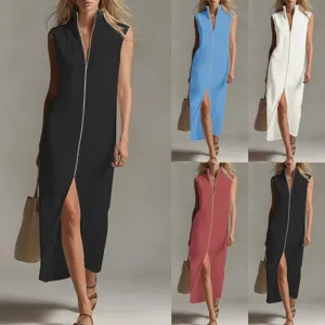 Mujer Casual Commuting Color Sólido Cuello Alto Sin Mangas Cremallera Delantera Abertura Vestido Largo Elegante Suelto Recto Maxi Vestido