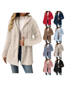Damen Lange Fleece Kapuzenjacke Winter Warm Durchgehender Reißverschluss Lässige Oberbekleidung Mit Taschen Einfarbig Alltag