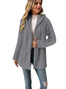 Damen lange Fleece Kapuze Reißverschluss Cardigan Winter lässig Oberbekleidung grauer Mantel