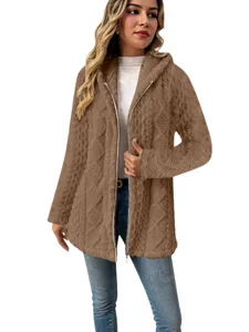 Damen lang flauschig fleece kapuze strickjacke lässig winter warm reißverschluss mantel taschen