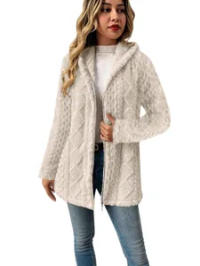 Damen lang flauschig Fleece Kapuze Strickjacke Reißverschluss Winter Mantel casual Jacke