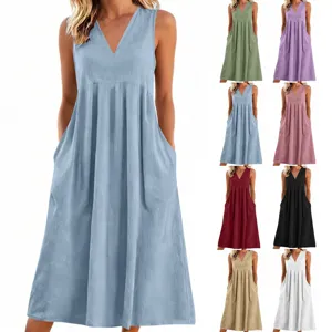 Damen Casual Reine Baumwolle Einifarbig V-Ausschnitt Ärmellos Lockeres Maxi Kleid Sommer Taschen Lange Kleider