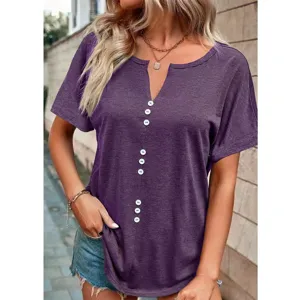 Femme décontracté manches courtes col V boutonné t-shirt unicolore haut d'été confortable