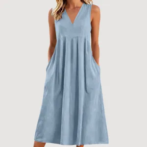 Lässiges V-Ausschnitt ärmelloses Baumwoll-Maxikleid mit Taschen, einfarbiges Sommer-Design.
