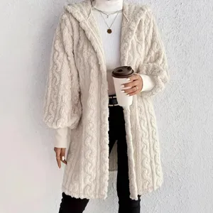 Detailed view of women's cozy fluffy hooded cardigan coat in elegant off-white fleece.