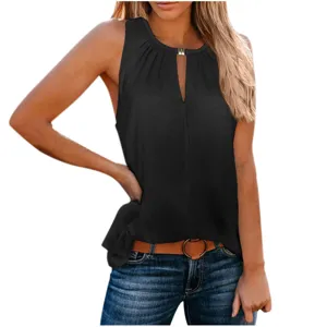 Dames Casual Zwarte V-Hals Tanktop Zomer Mouwloos Metalen Gesp Stijlvolle Mode Blouse
