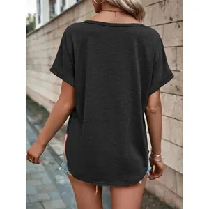 Top à manches courtes uni grande taille décontracté, t-shirt d'été basique et confortable.