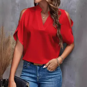 Solid color V-neck cold shoulder short sleeve women top, elegant summer fashion blouse.