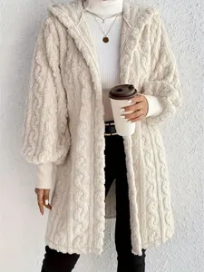 Women casual plush hooded long sleeve cardigan outerwear soft warm autumn winter fashion coat