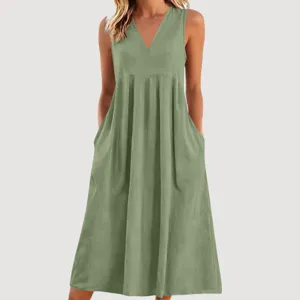 Damen lässiges einfarbiges V-Ausschnitt ärmelloses loses langes Kleid mit Taschen im Sommer.