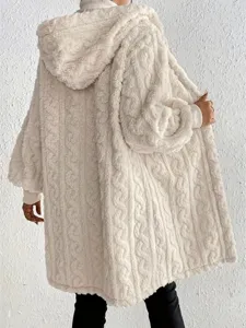 Cozy plush hooded cardigan back detail showing soft fleece texture and cable knit style.
