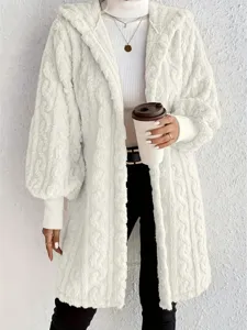 Detailed view of women's cozy white plush hooded long sleeve coat texture and fit.