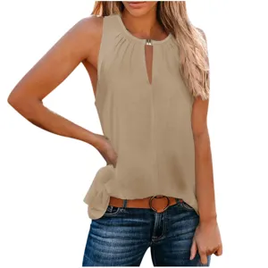 Dames casual kaki mouwloze tanktop met metalen gesp V-hals zomer mode basic shirtje