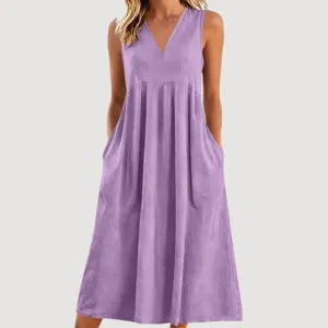 Einfarbig ärmelloses V-Ausschnitt lässiges Baumwoll-Leinen-Midikleid mit praktischen Taschen.