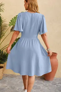 Casual V-neck flare sleeve waist-cinched dress for women, elegant summer daily wear outfit.