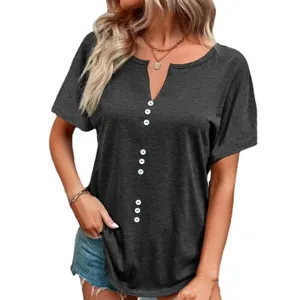 Femme Manches Courtes Col V Boutonné Unie Casual T-Shirt Mode Haut d'Été Tendance