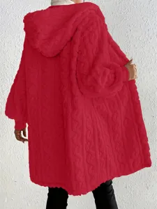 Red fluffy hooded loose coat for women, cozy winter spring outerwear with long sleeves.