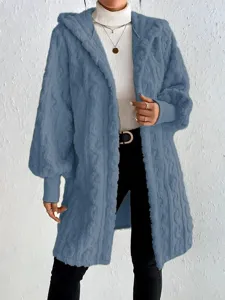 Women's casual loose fluffy hooded long sleeve fleece cardigan coat for spring daily wear.