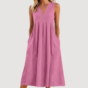 Einfarbiges V-Ausschnitt ärmelloses loses Baumwoll-Leinen Midikleid mit praktischen Taschen.