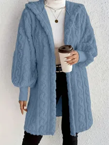 Detail shot of the cozy blue plush fleece hooded cardigan showing soft texture and long sleeves.