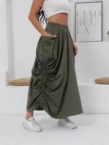 Elegante gonna lunga casual da donna con elastico in vita, coulisse e tasche.