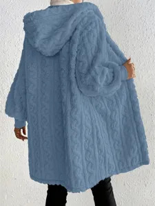 Detailed view of the blue fluffy hooded cardigan showcasing soft fleece texture and loose fit style.